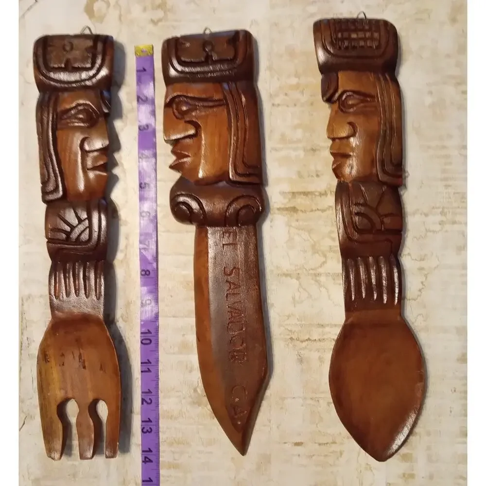 Vtg El Salvador Hand Carved Wood Spoon Fork Knife Set Wall Decor Indigenous Face